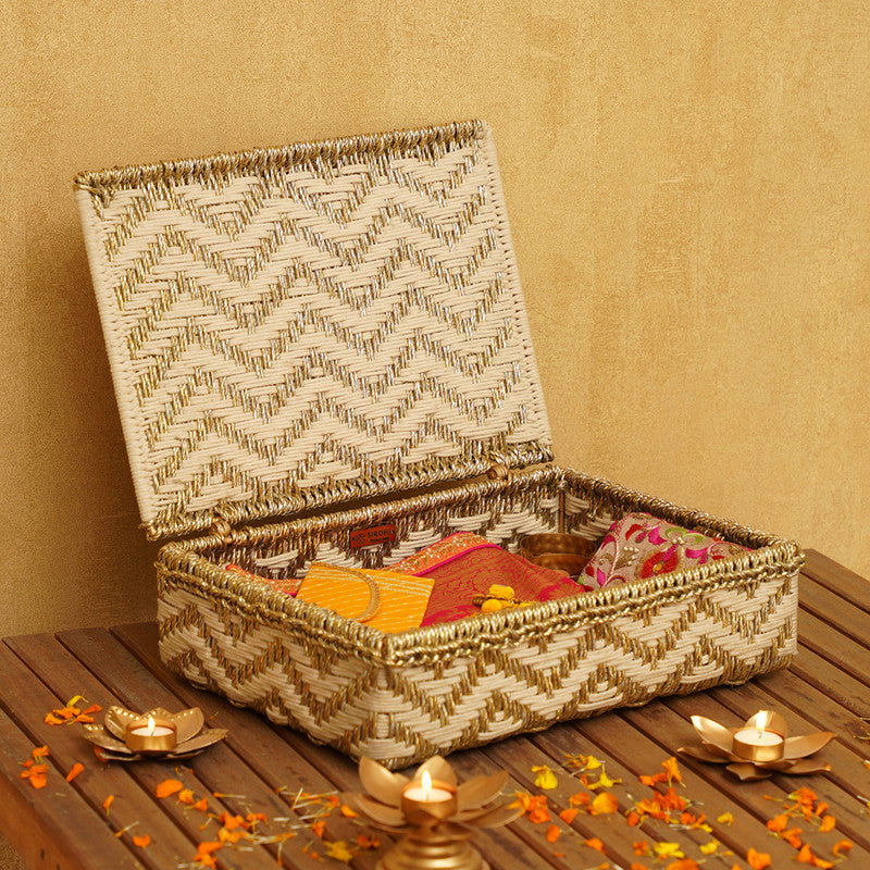 Cotton & Metal Storage Box | White & Gold | LxBxH-44x31x13 cm