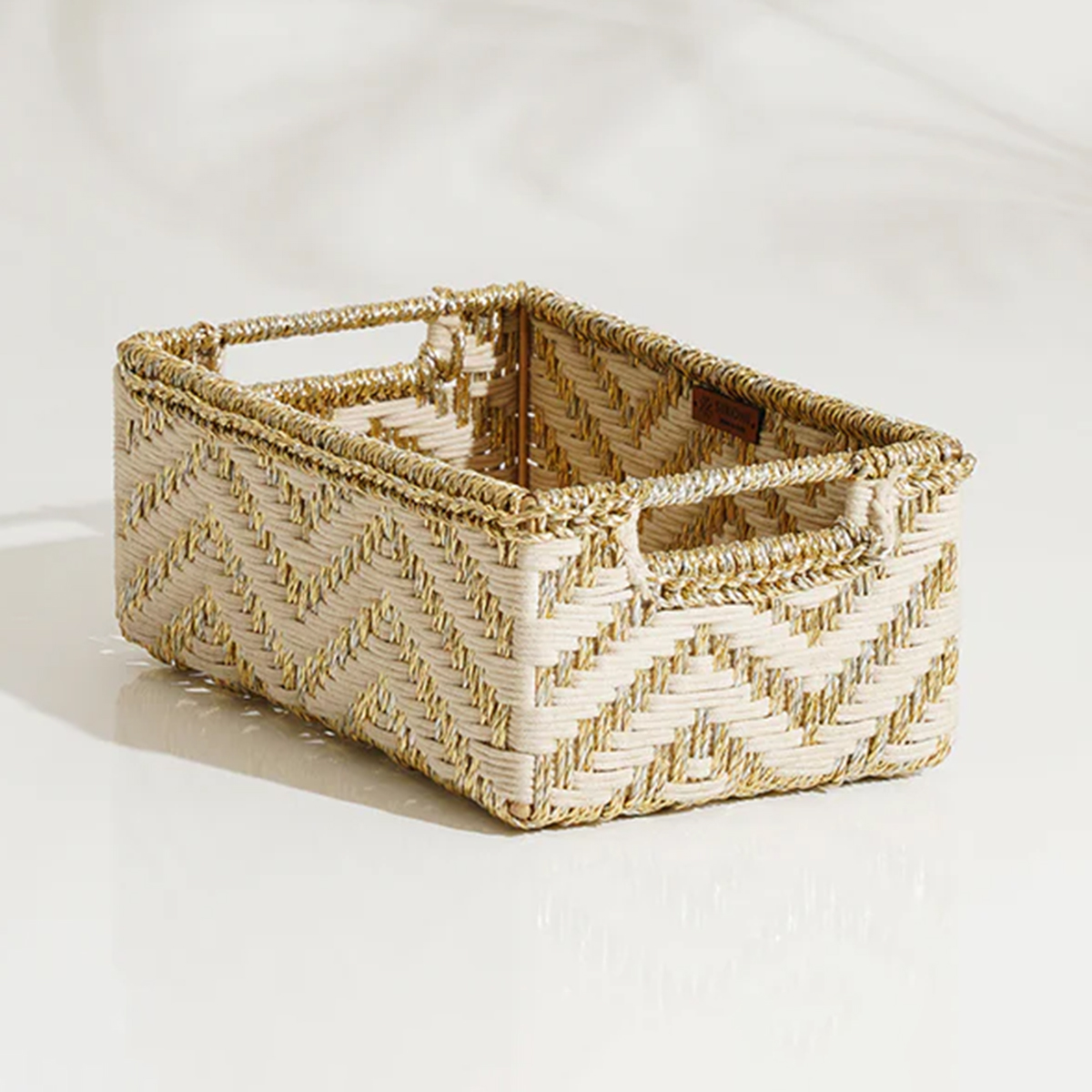 Upcycled Plastic & Jute Trinket Storage Basket | White & Gold By Sirohi