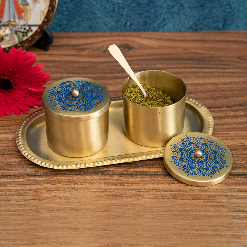 Brass Jars With Tray & Spoon | Set of 2 | Blue