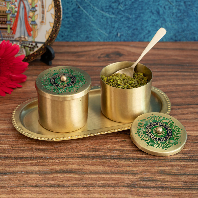 Brass Jars With Tray & Spoon | Set of 2 | Green By Nakshikathaa