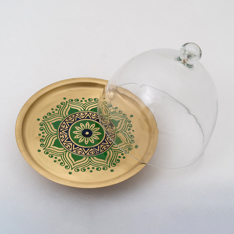 Brass Cake Stand With Glass Cloche | Green