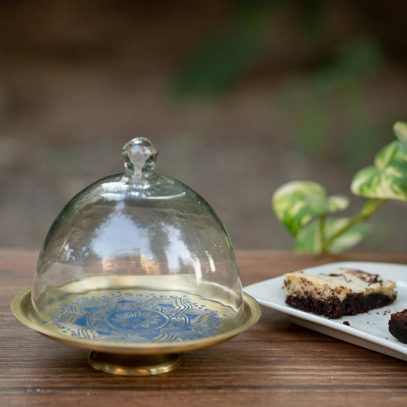 Brass Cake Stand With Glass Cloche | Blue | Small Cakes & Pastries