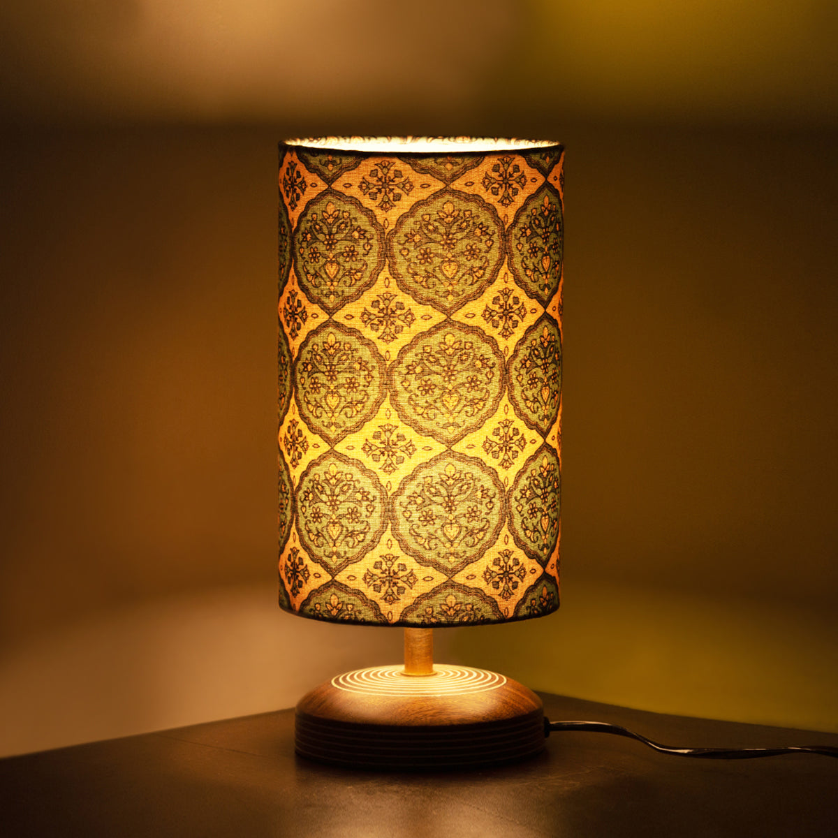 Wooden Table Lamp | Paisley Design | Light Brown & Blue | 19 cm By ExclusiveLane