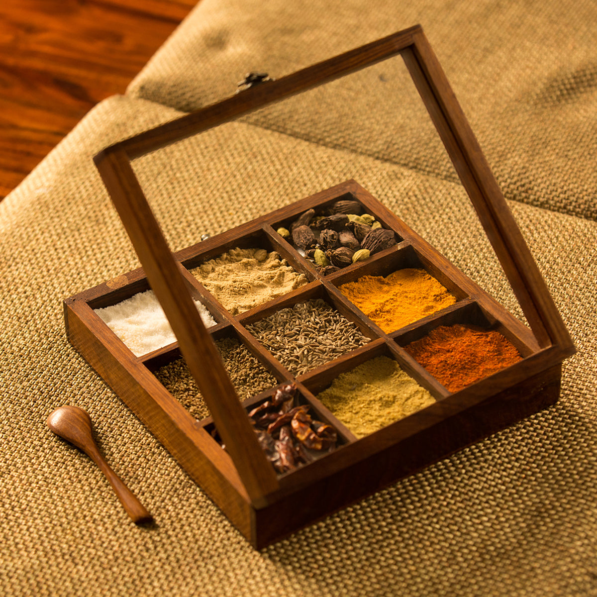 Wooden Masala Box with Spoon | Brown | 20 cm By ExclusiveLane