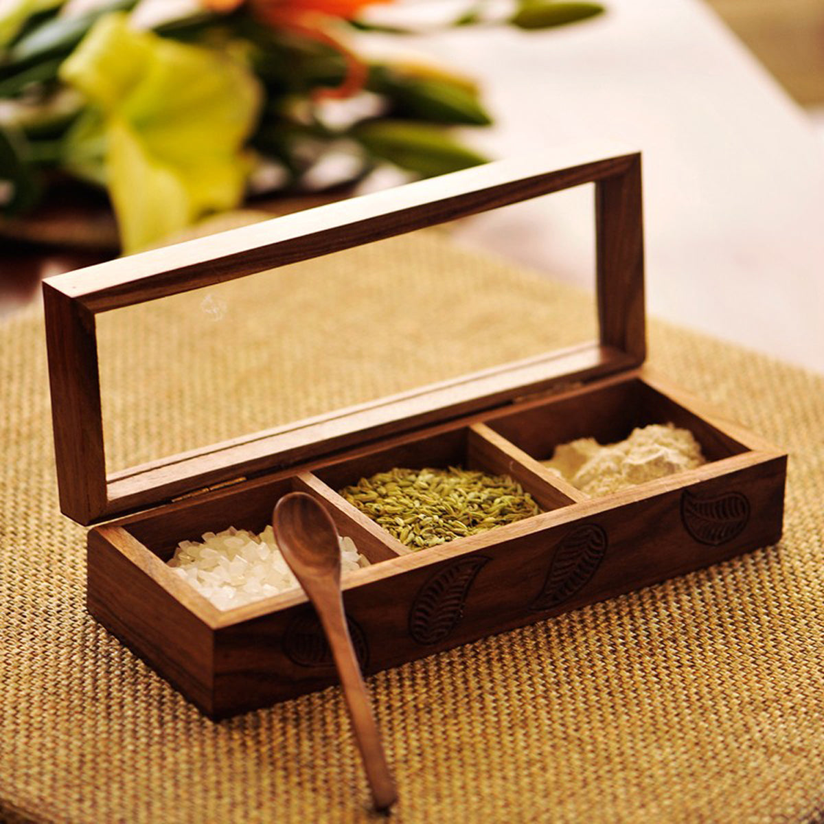 Wooden Spice Box with Spoon | Brown | 24 cm By ExclusiveLane