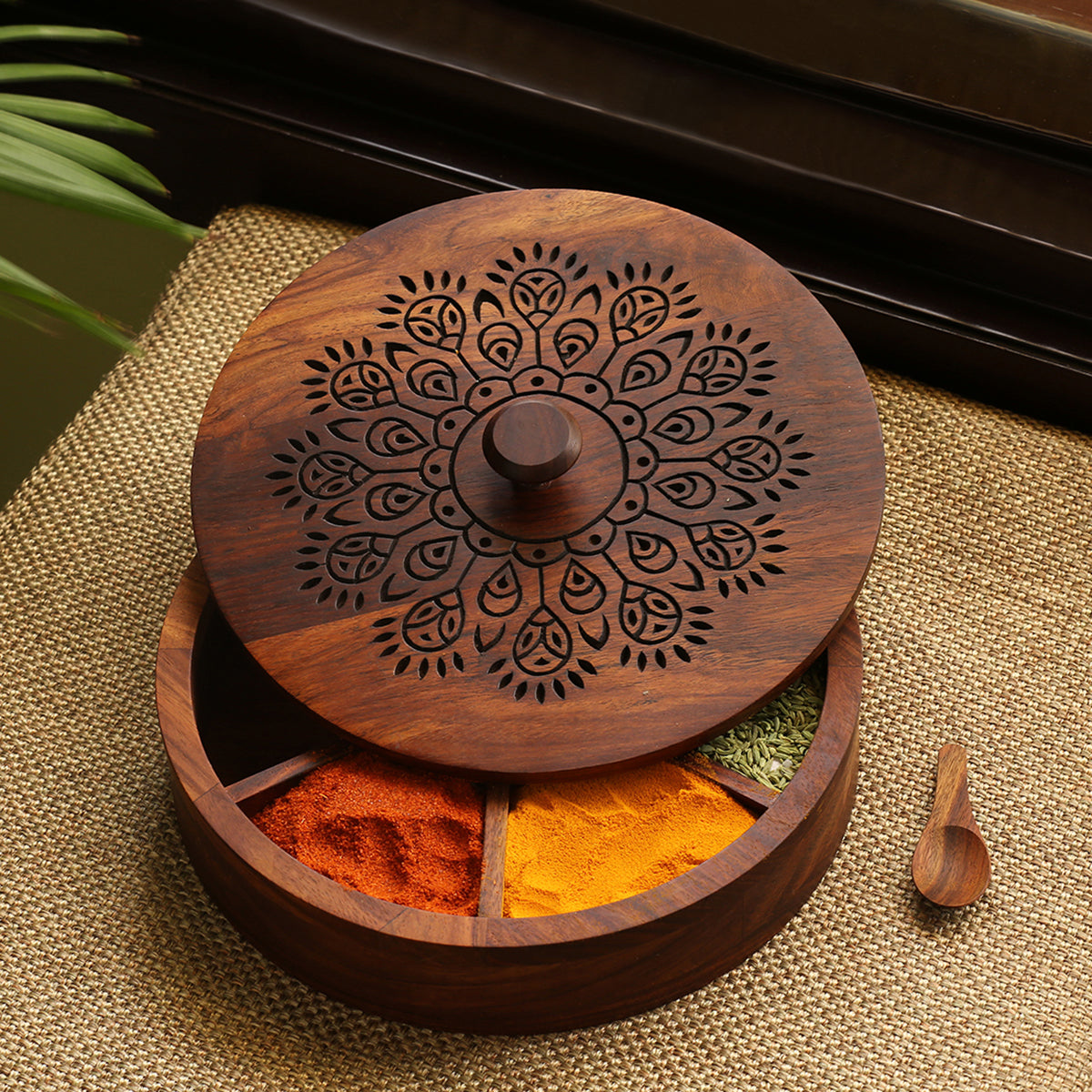 Wooden Masala Box with Spoon | Natural Brown | 22 cm By ExclusiveLane