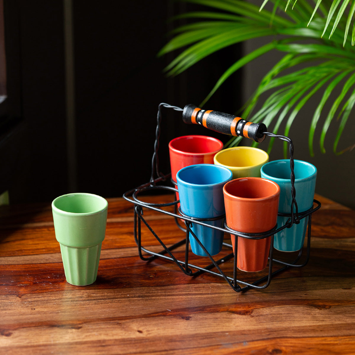 Ceramic Tea Glasses | Bright Pastels Black | 110 ml | Set of 6 By ExclusiveLane