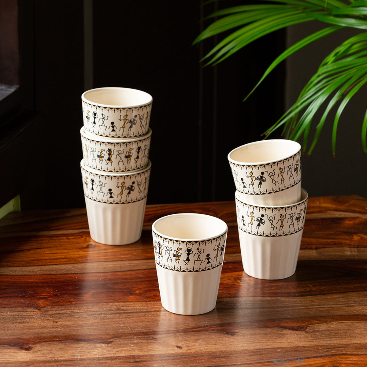 Ceramic Tea Glasses | Ivory White and Black | 160 ml | Set of 6 By ExclusiveLane