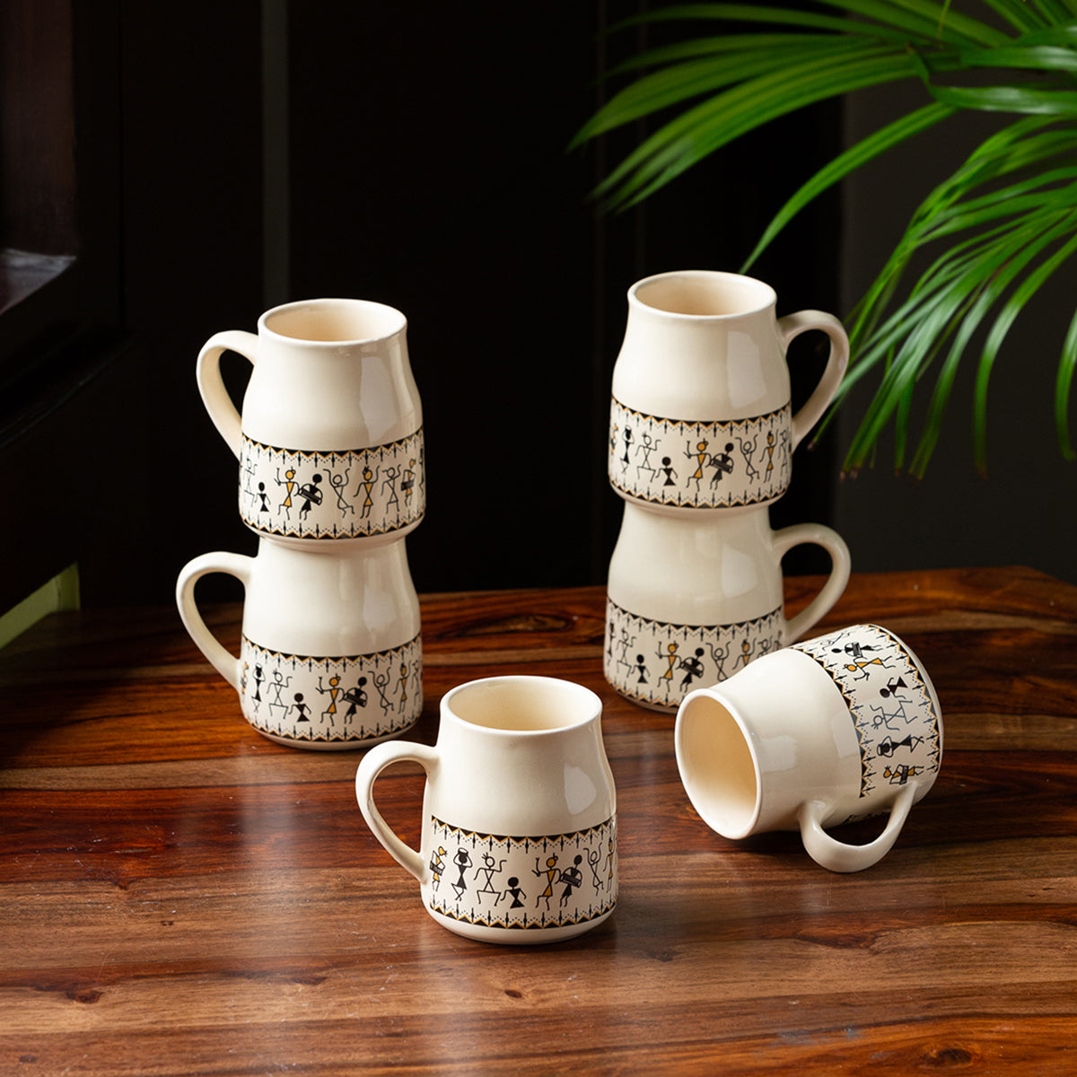 Ceramic Tea Cups | Ivory White and Black | 140 ml | Set of 6 By ExclusiveLane