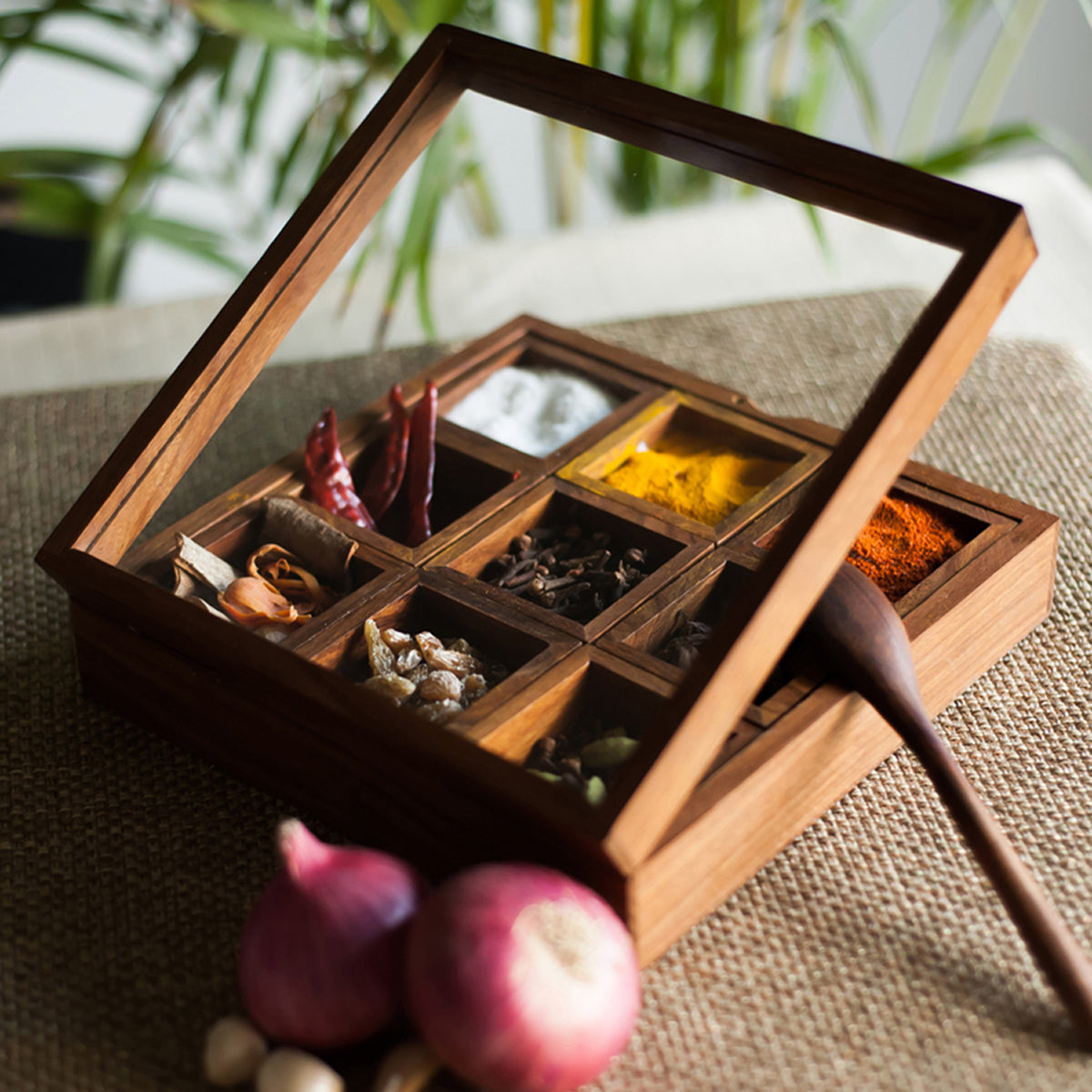 Wooden Spice Box with Spoon | Brown | 20 cm By ExclusiveLane