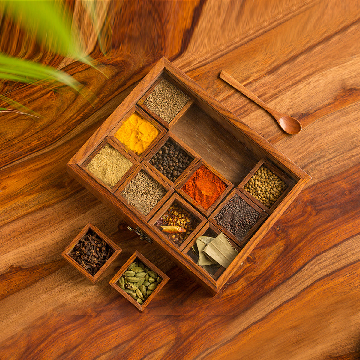 Wooden Masala Dabba | 12 Containers | Brown | 25 cm By ExclusiveLane