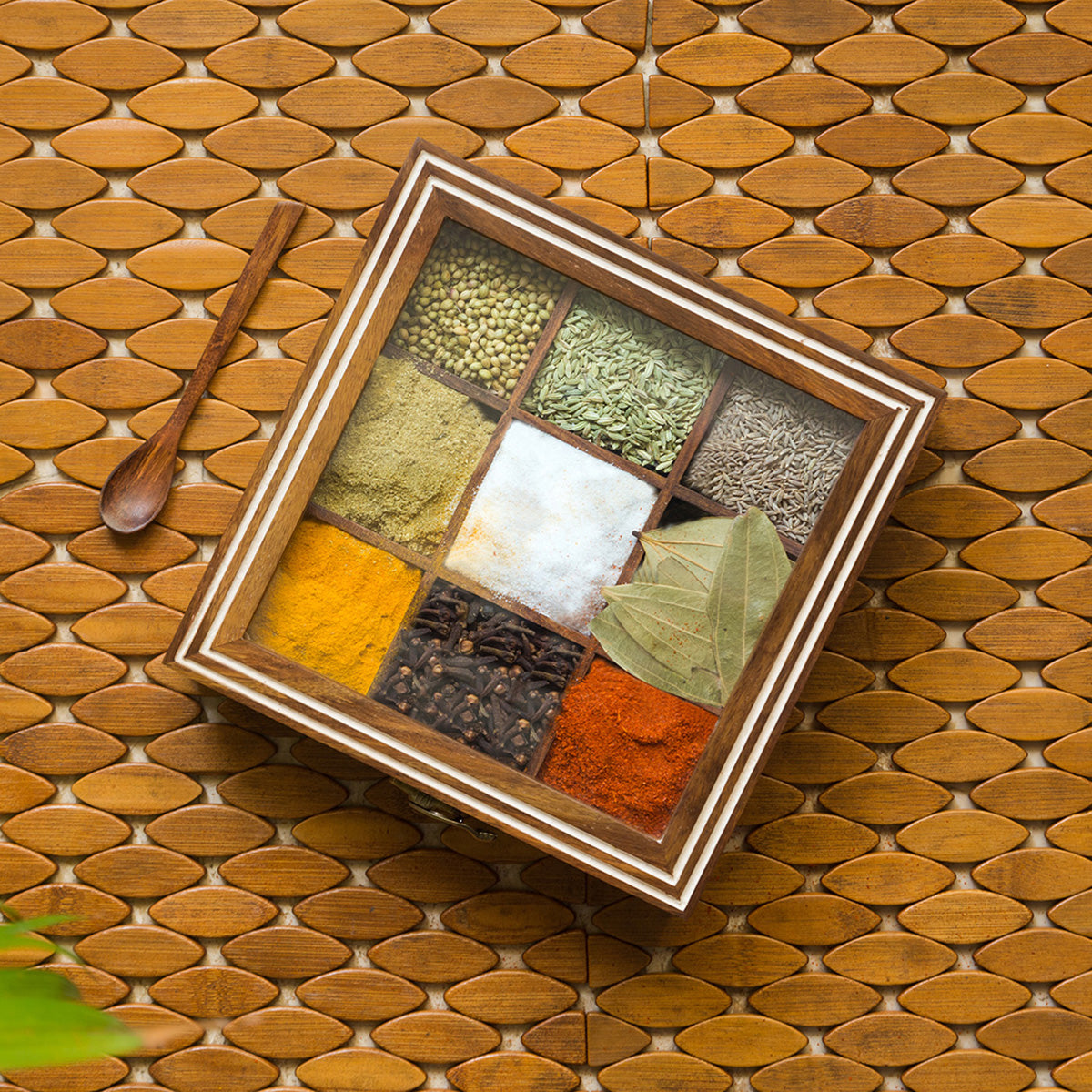 Wooden Spice Box with Spoon | Brown | 20 cm By ExclusiveLane