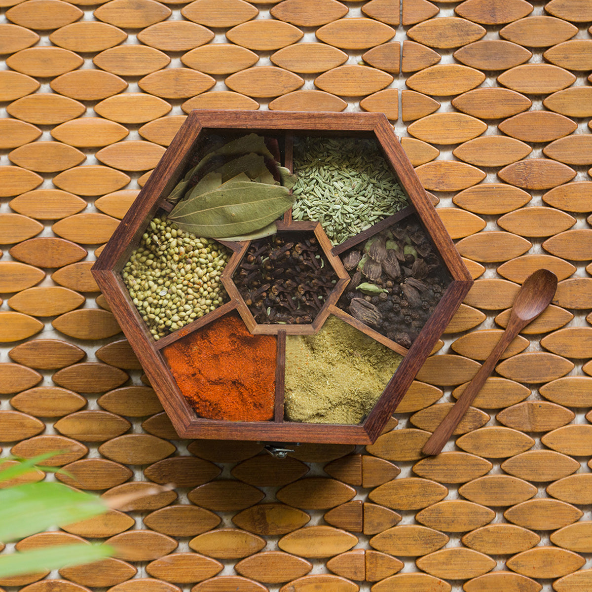 Wooden Spice Box with Spoon | Brown | 21 cm By ExclusiveLane