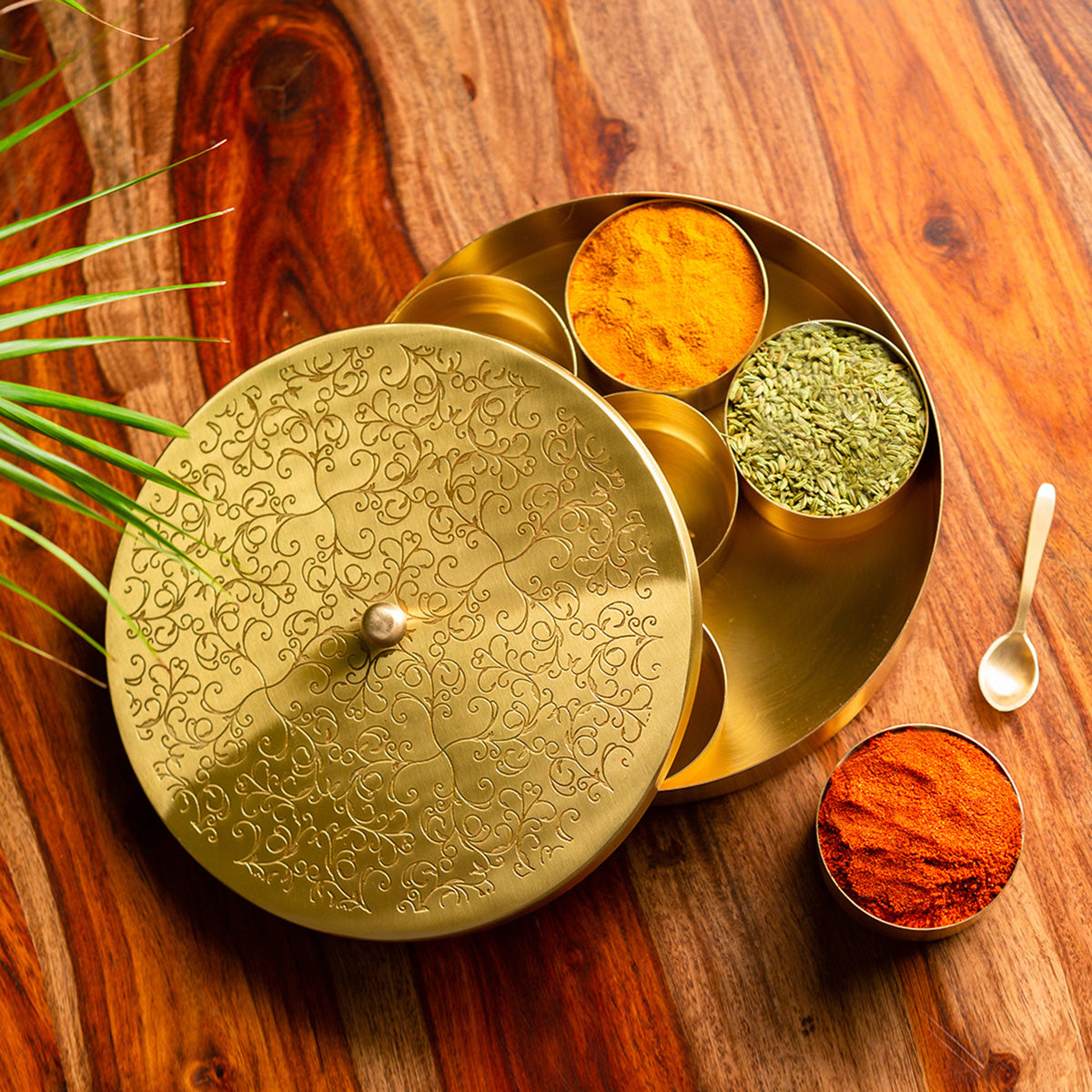Brass Masala Box with Spoon | 7 Containers | Golden | 20 cm By ExclusiveLane