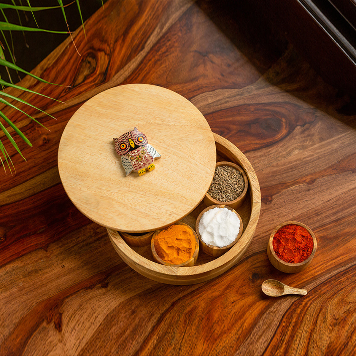 Wooden Masala Dabba | 7 Containers | Light Brown | 23 cm By ExclusiveLane