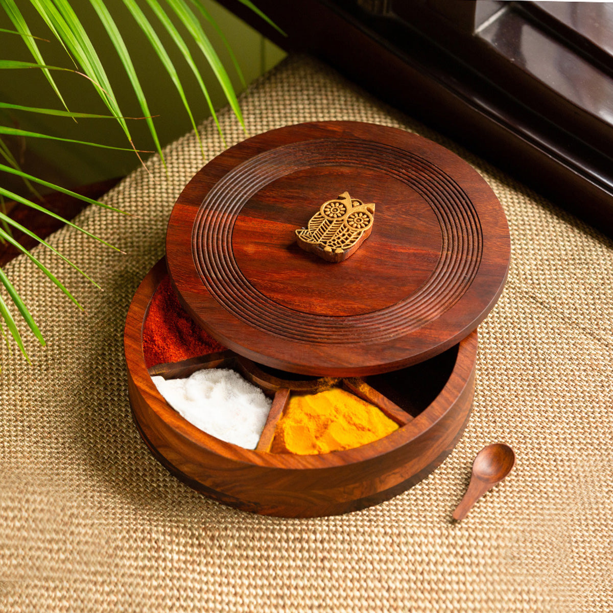 Wooden Spice Box with Spoon | Dark Brown | 22 cm By ExclusiveLane