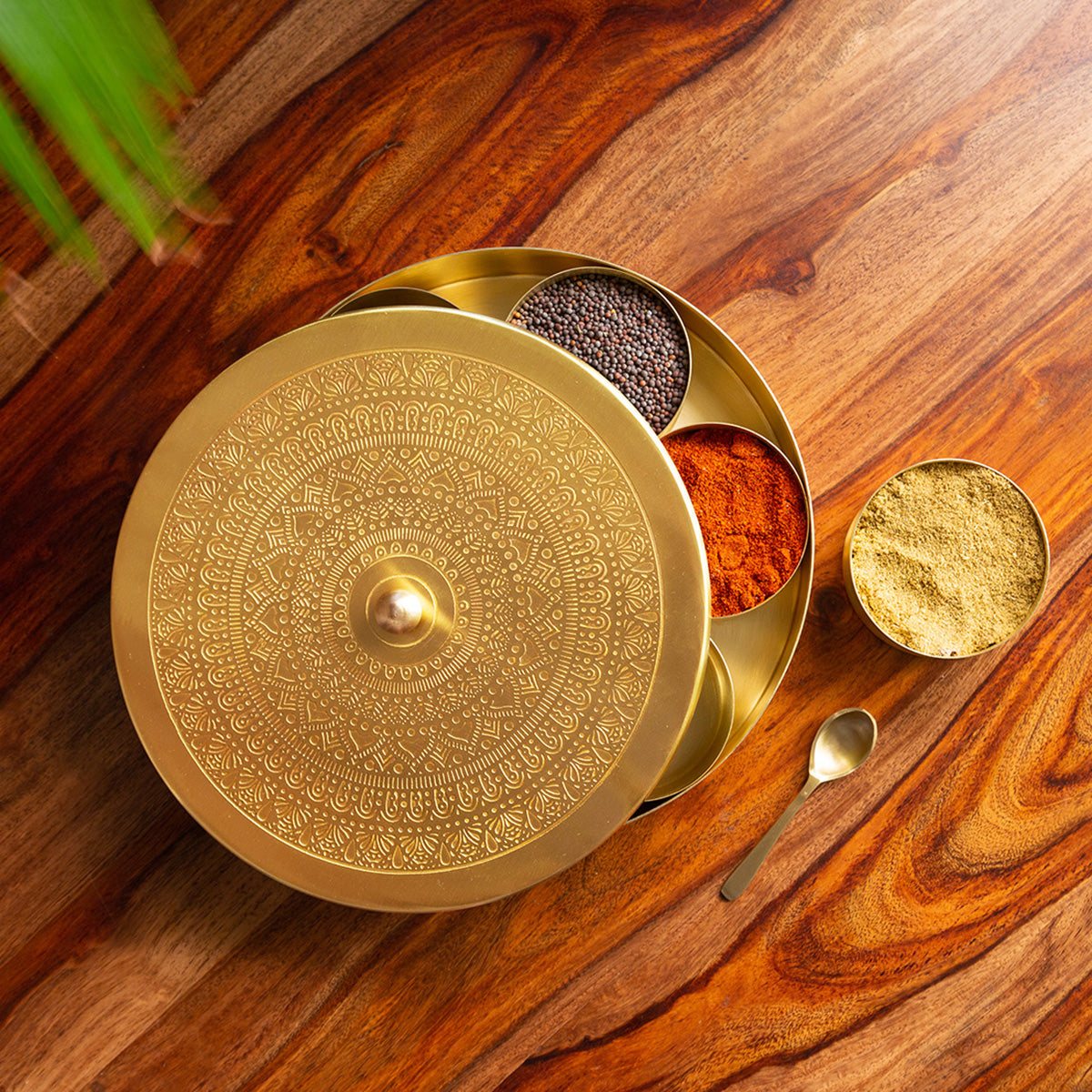 Brass Masala Dabba with Spoon | 7 Containers | Golden | 20 cm By ExclusiveLane
