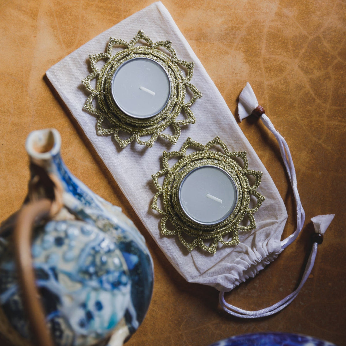 Tea Light Diya Placemat | Metallic Thread | Gold By Samoolam