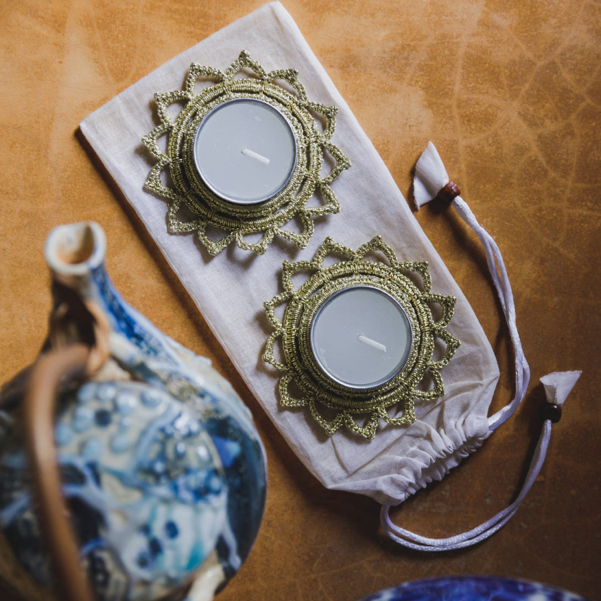 Tea Light Diya Placemat | Metallic Thread | Silver By Samoolam