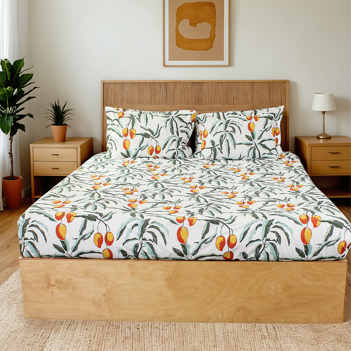 Cotton Fitted Bedsheet with Pillow Covers | Mango Leaf Print | Rust