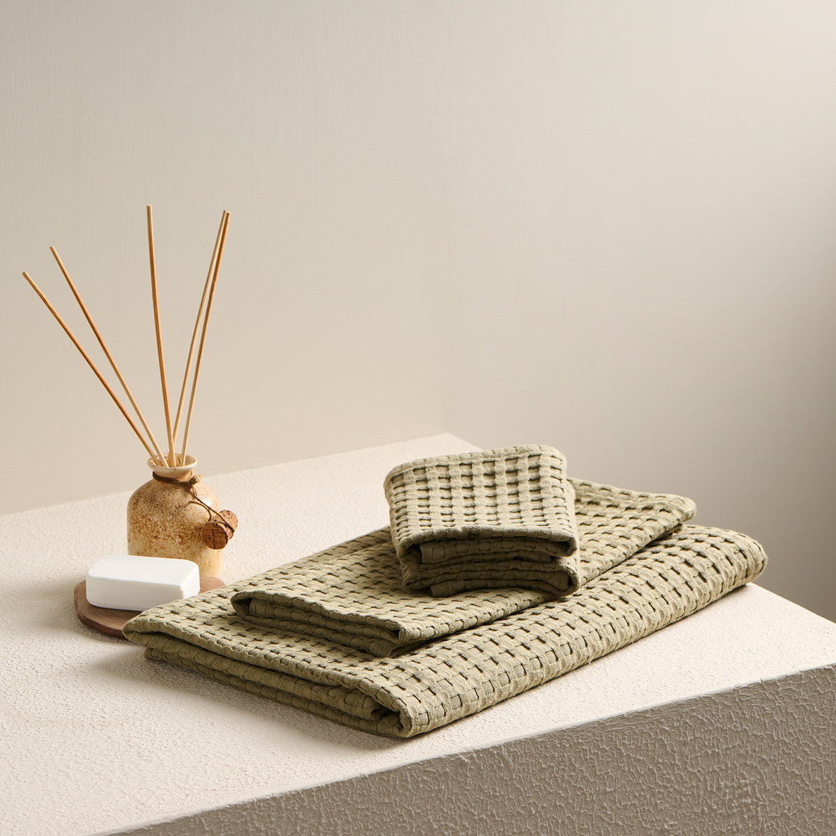 Cotton Face Towel | Waffle Design | Moss Green | 30 x 30 cm | Set of 2 By Oodaii
