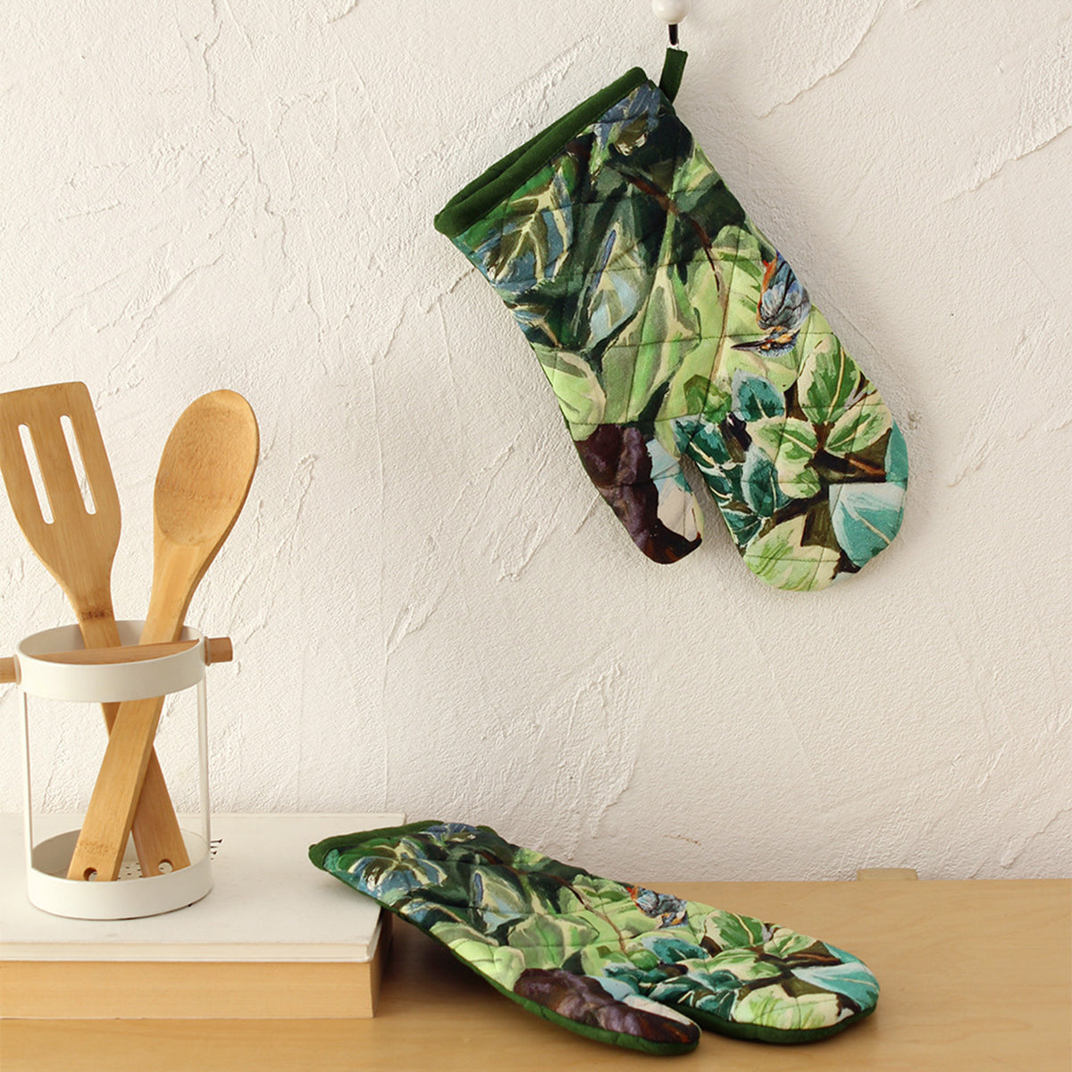 Cotton Microwave Gloves | Bird Print | Green | 18 cm | Set of 2 By House This