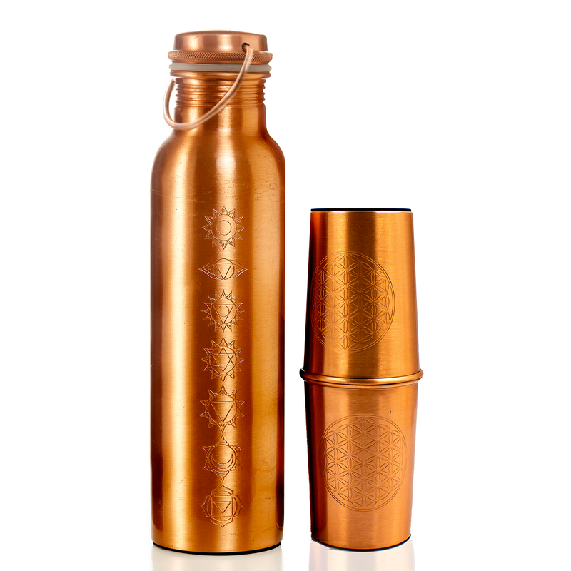 Copper Bottle and Glasses Set | 7 Chakra | Set of 3