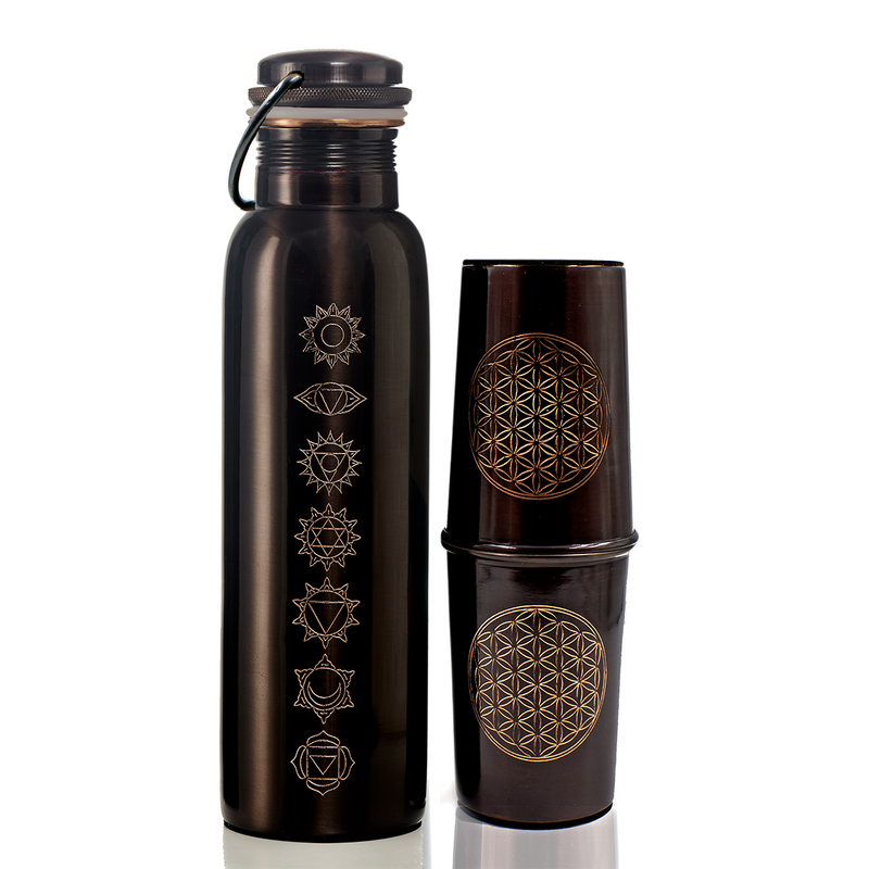 Copper Bottle and Glasses Set | 7 Chakra | Black | Set of 3