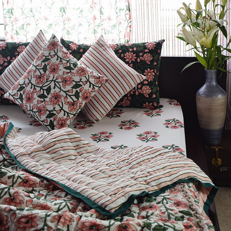 Handblock Printed | Mul Cotton Reversible Cosy Quilt | Pink & Green By Taru Jaipur