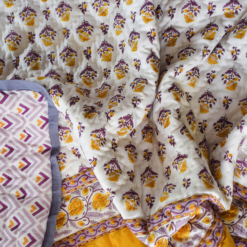 Handblock Printed | Mul Cotton Reversible Cosy Quilt | Yellow & Purple