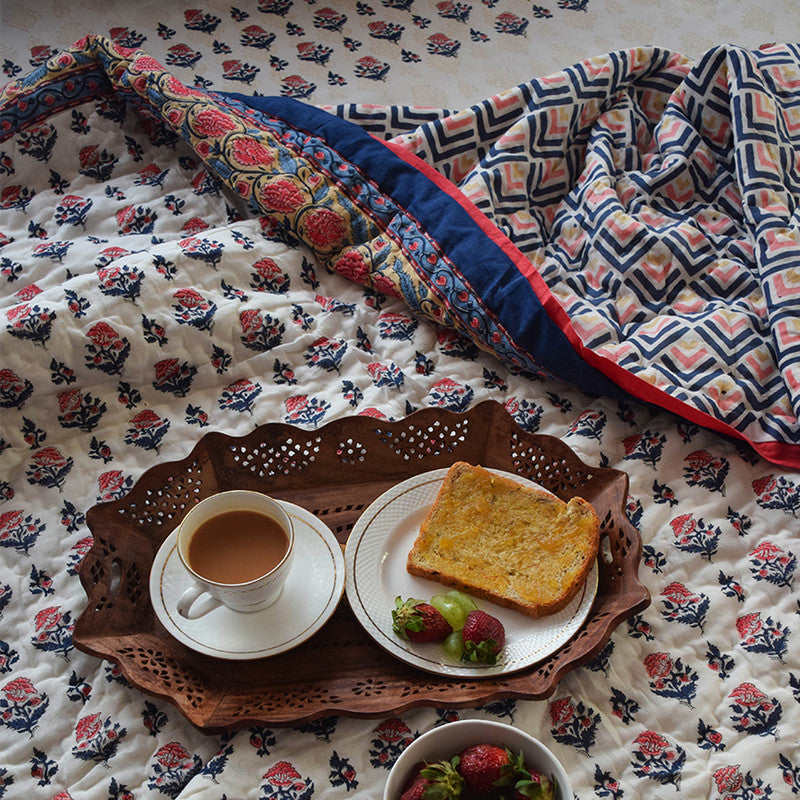 Handblock Printed | Mul Cotton Reversible Cosy Quilt | Blue & Pink