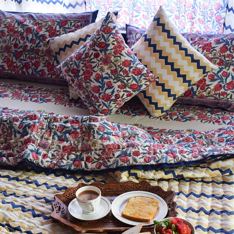 Handblock Printed | Mul Cotton Reversible Cosy Quilt | Blue & Beige