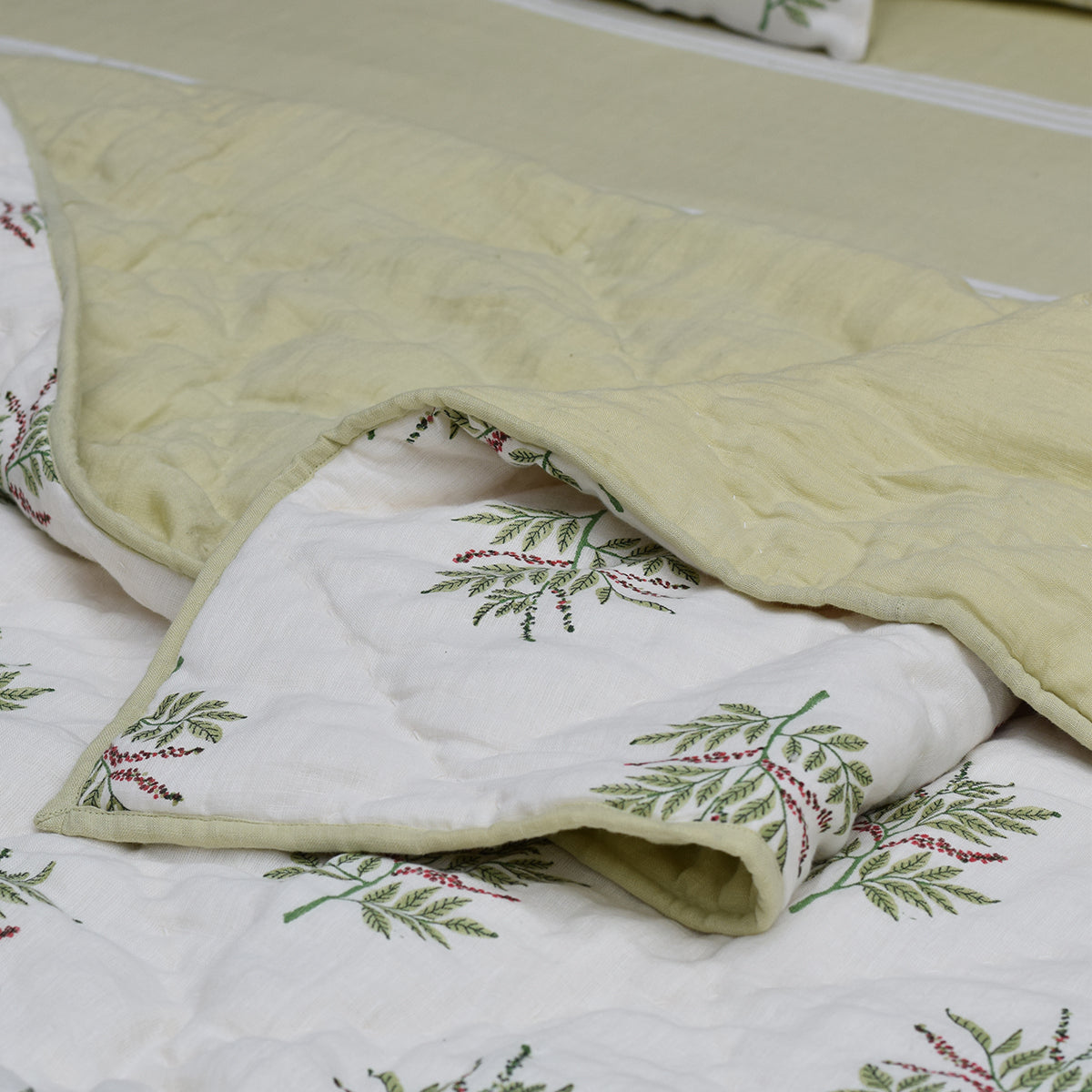 Linen King Size Bed AC Blanket | Reversible | White & Green By Taru Jaipur