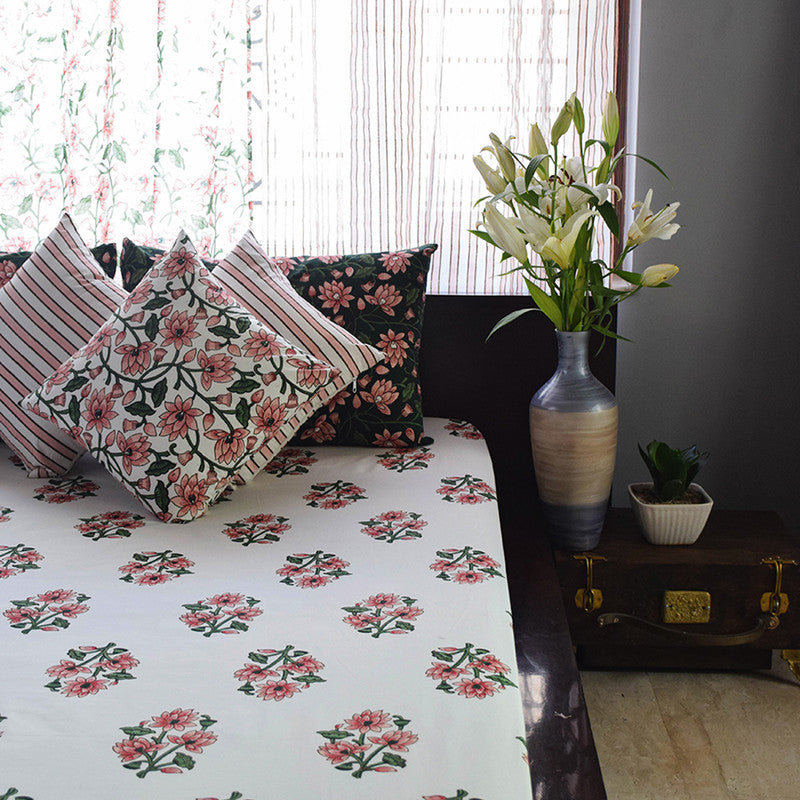 Cotton Bedsheet with 2 Pillow Covers | Handblock Printed | Pink & Green By Taru Jaipur