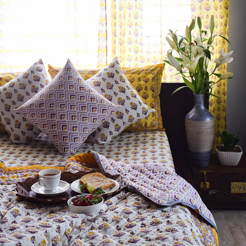 Handblock Printed | Cotton Bedsheet with Pillow Cover | Set of 2 | Yellow & Purple