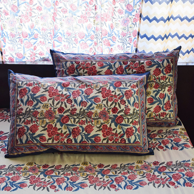 Cotton Bedsheet with Pillow Cover | Set of 3 | Handblock Printed | 300 Thread Count | Blue & Beige