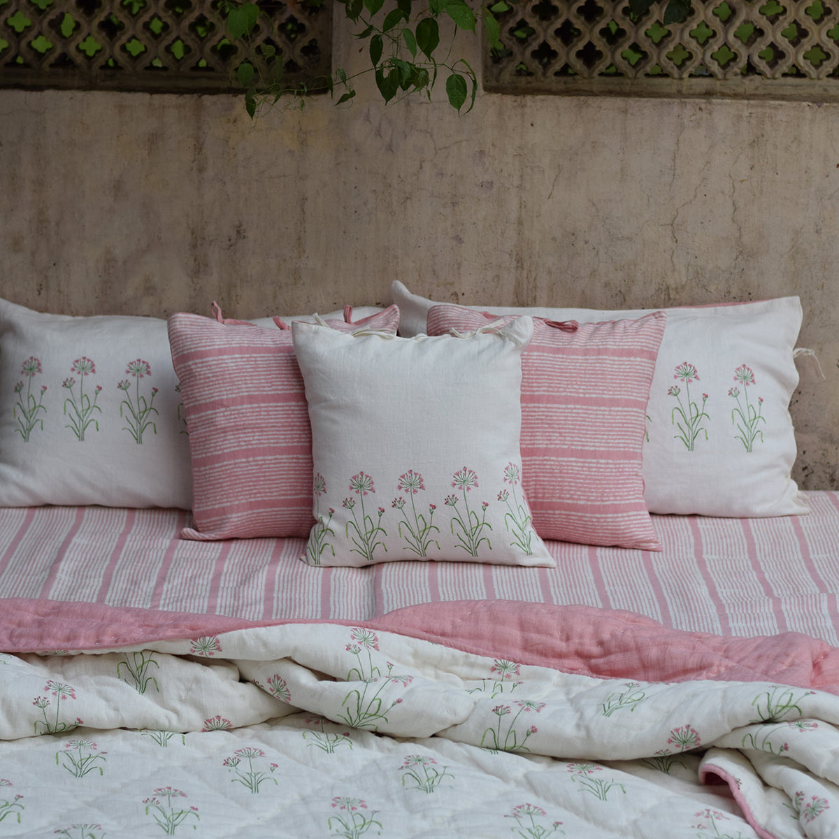 Linen Bedsheet with Pillow Covers | Striped | Pink
