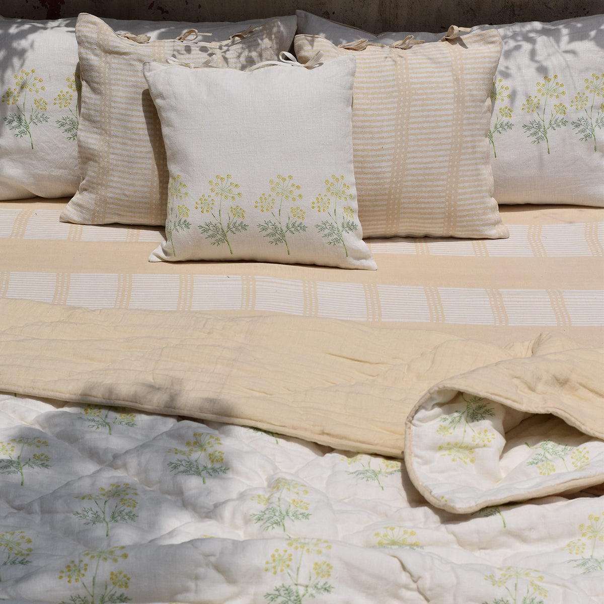 Linen Bedsheet with Pillow Covers | Block Print | Beige