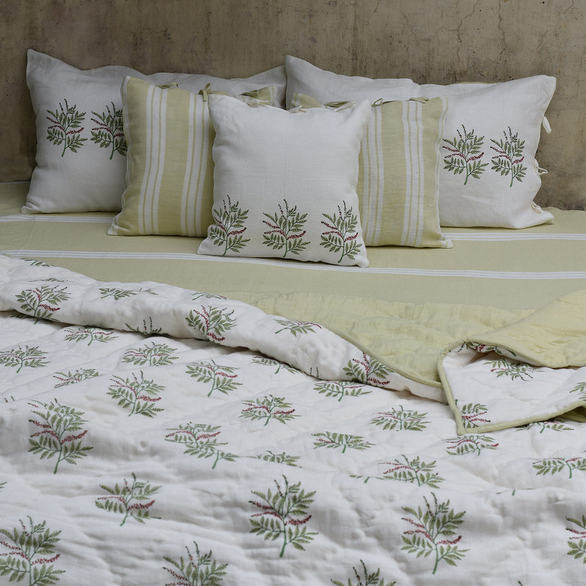 Linen Bedsheet with Pillow Covers | Striped | Green By Taru Jaipur