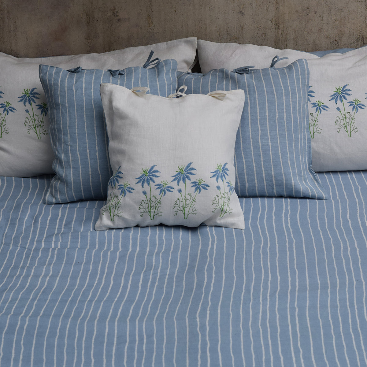 Linen Bedsheet with Pillow Covers | Striped | Blue By Taru Jaipur