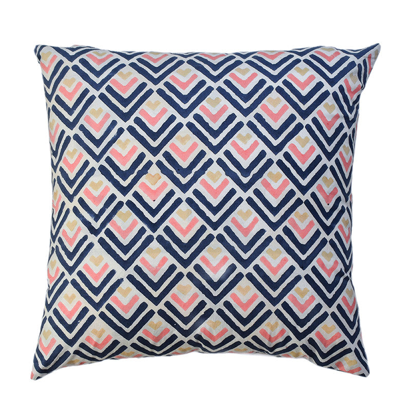 Handblock Printed | Cotton Cushion Cover | Blue & Pink