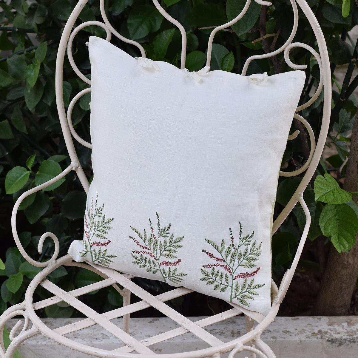 Linen Printed Cushion Cover | White & Green