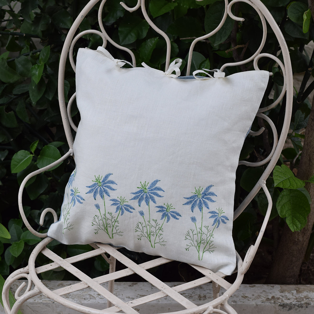 Linen Printed Cushion Cover | White & Blue