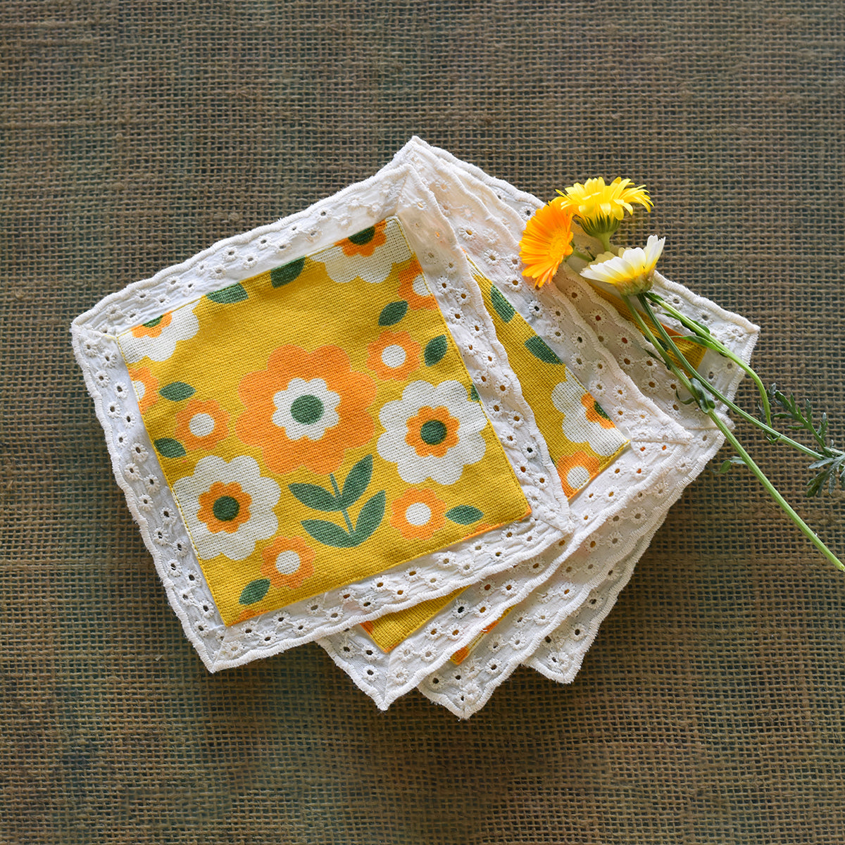 Cotton Linen Table Coasters | Daisy Print | Set of 4 | Yellow By Taru Jaipur