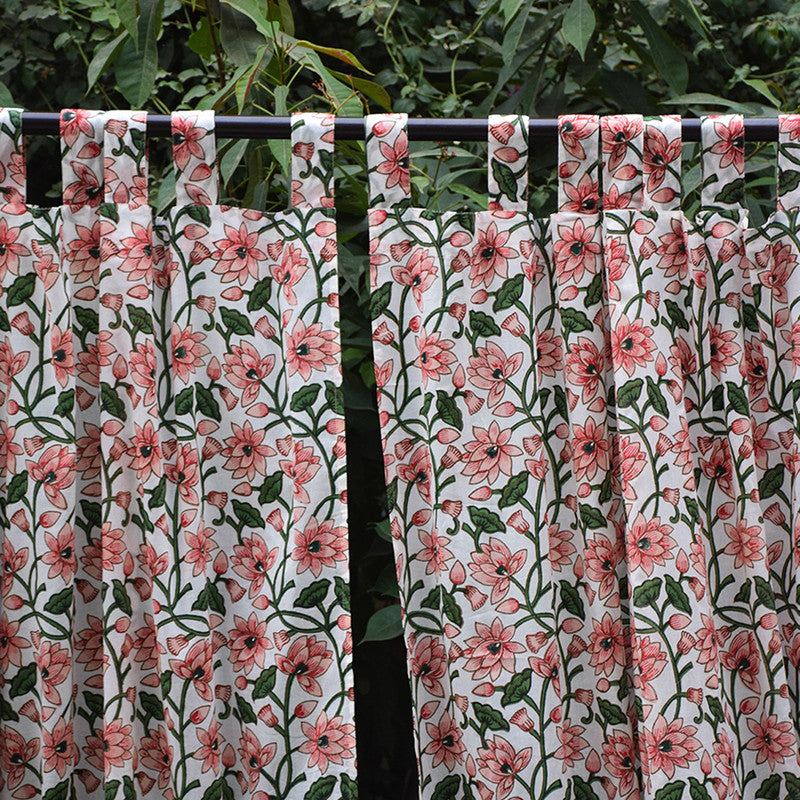 Handblock Printed | Mul Cotton Curtain | Pink & Green By Taru Jaipur