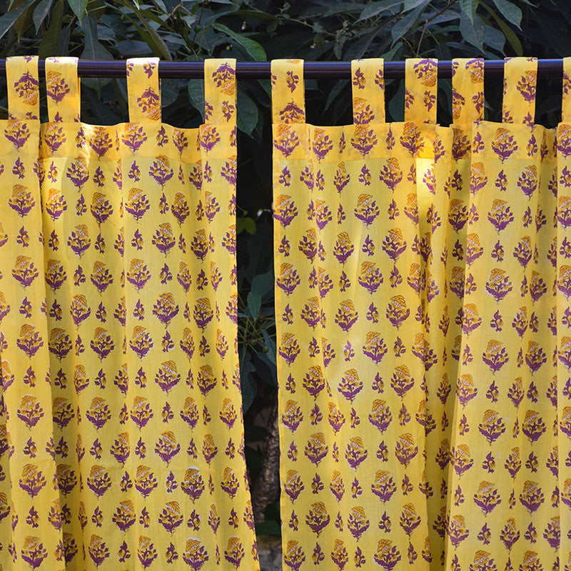 Mul Cotton Curtain | Handblock Printed | Yellow & Purple