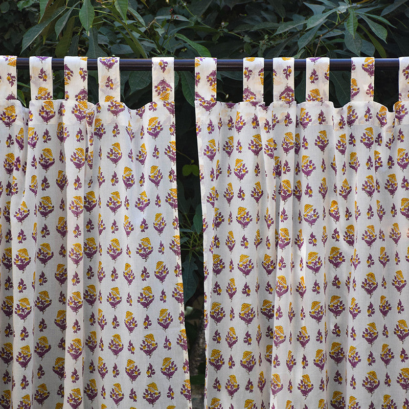 Handblock Printed | Mul Cotton Curtain | Yellow & Purple