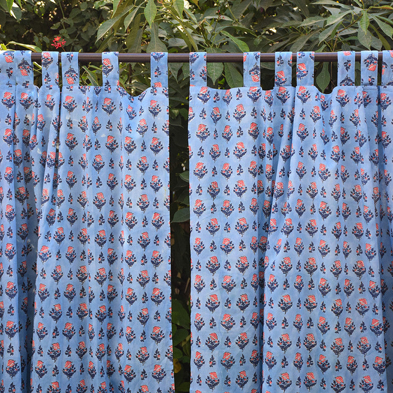 Handblock Printed Mul Cotton Curtain | Blue & Pink By Taru Jaipur