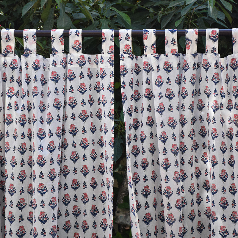 Handblock Printed Mul Cotton Curtain | Handmade | Blue & Pink By Taru Jaipur