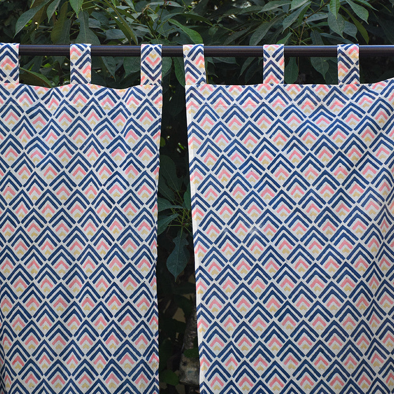 Handblock Printed | Mul Cotton Curtain | Blue & Pink